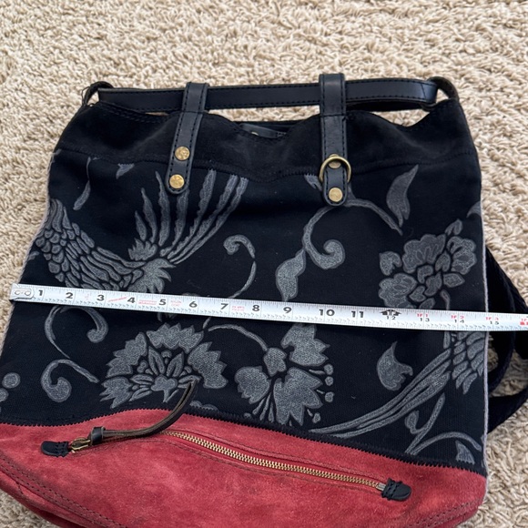 Lucky Brand Printed Floral Canvas & Red Suede Boho Large Hobo Backpack Satchel